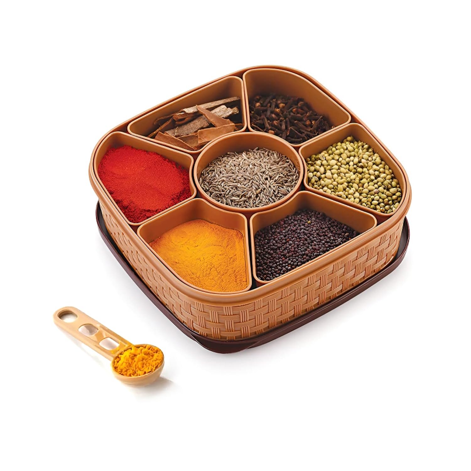 Plastic Square 7 Section Multipurpose Masala Dabba, Spice Box Set - Color May Vary